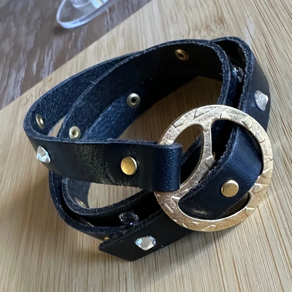 Black Leather Wrap Bracelet w/ Antique Gold & Crystal Accents